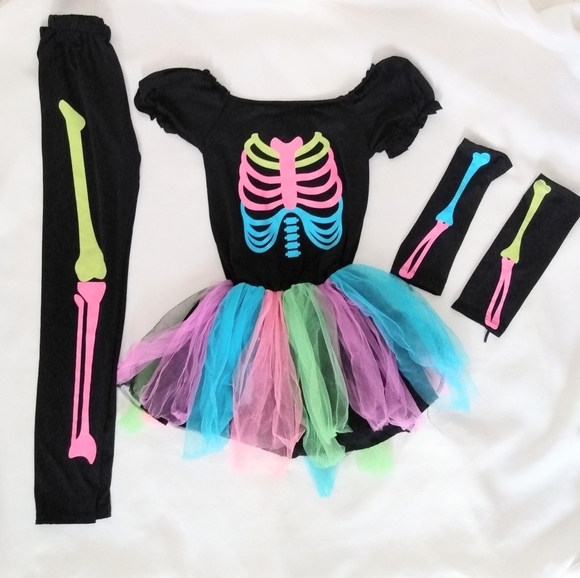 Girls skeleton tulle Halloween rainbow costume 4 piece - Picture 3 of 4